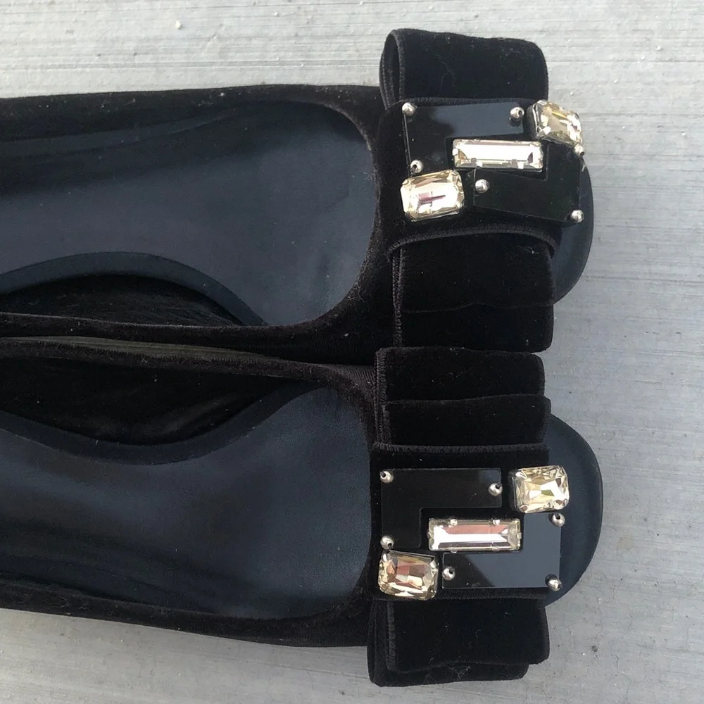 Tory Burch Black Velvet Bow Flats with Jeweled Buckles